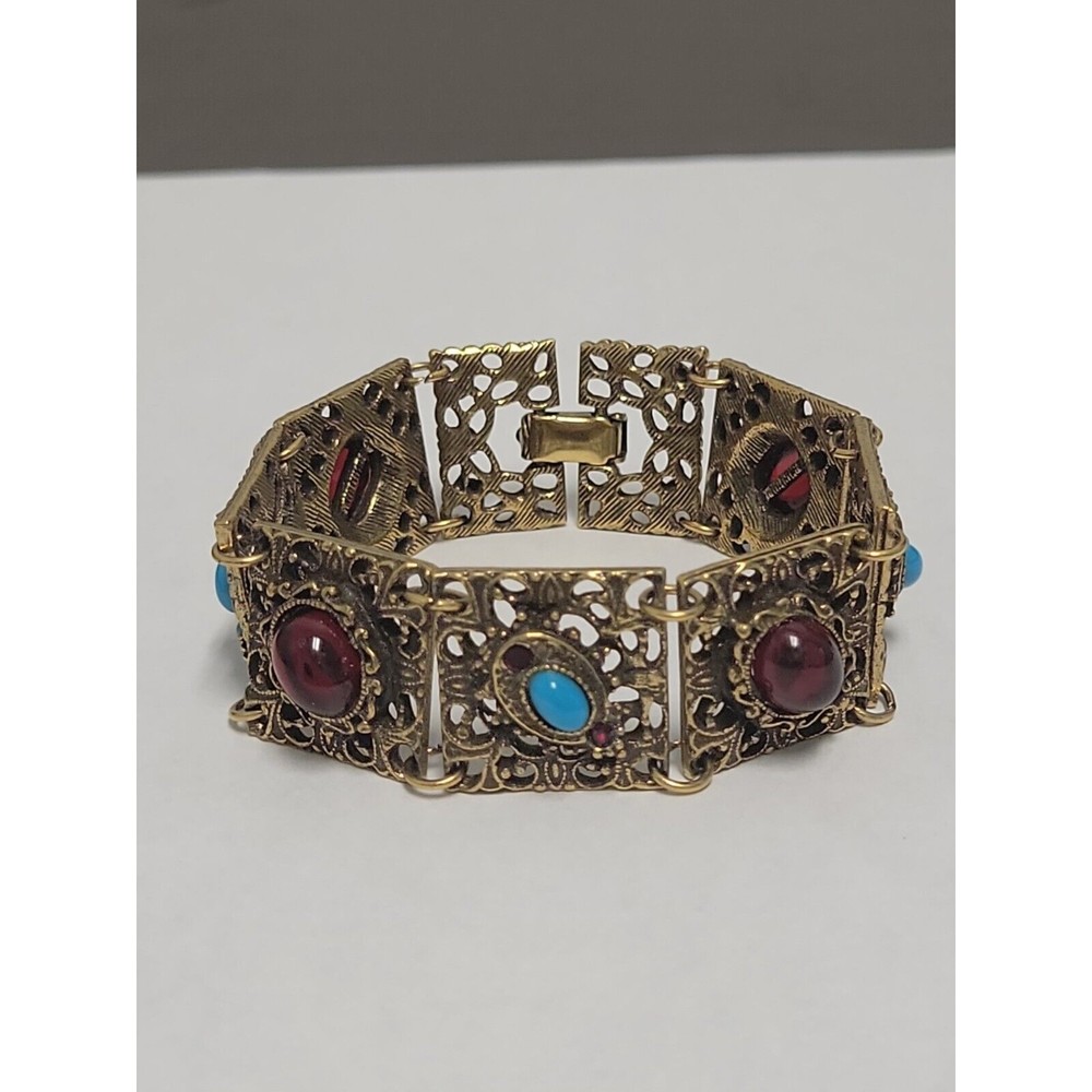 Vintage Openwork Ornate Book Chain Bracelet Gold Tone Turquoise Red Cabochon HTF